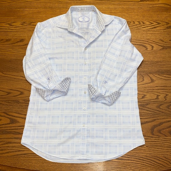 Bugatchi Blue & White Plaid Button Front Dress Shirt Men's L Large - Picture 3 of 10